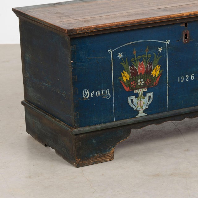 Blue 1926 Original Blue Hand-Painted Pine Flat Top Trunk For Sale - Image 8 of 15