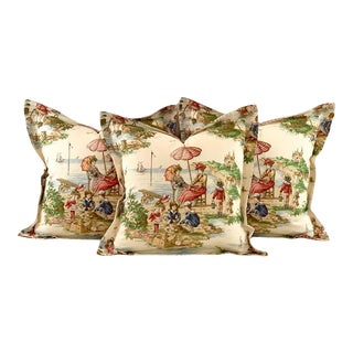 Designer P Kaufmann Braemore Blue Green Pink Beachside Toile Coastal Beach Seaside Pillow Covers- 3 Pc Set For Sale
