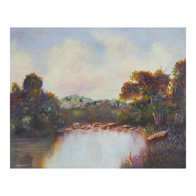 Late 20th Century Secluded Lake Landscape Painting For Sale