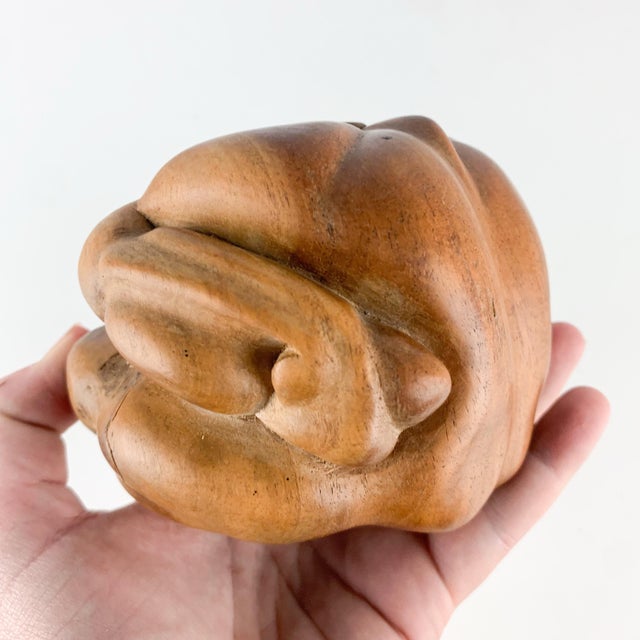 Brown Vintage Hand Carved Yogi Man Weeping Buddha Solid Wooden Sculpture Home Altar For Sale - Image 8 of 11