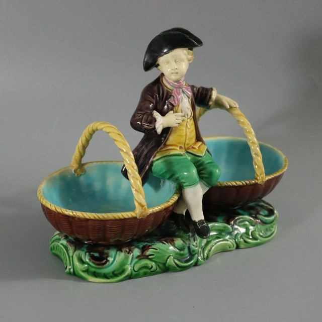 Green Rare Minton Majolica Figure With Baskets For Sale - Image 8 of 12