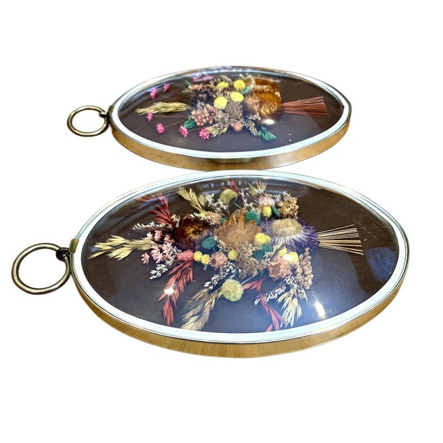Pair of Vintage Oval Cideart Belgium Dried Floral Arrangements in a Convex Glass Dome Frames For Sale - Image 9 of 18