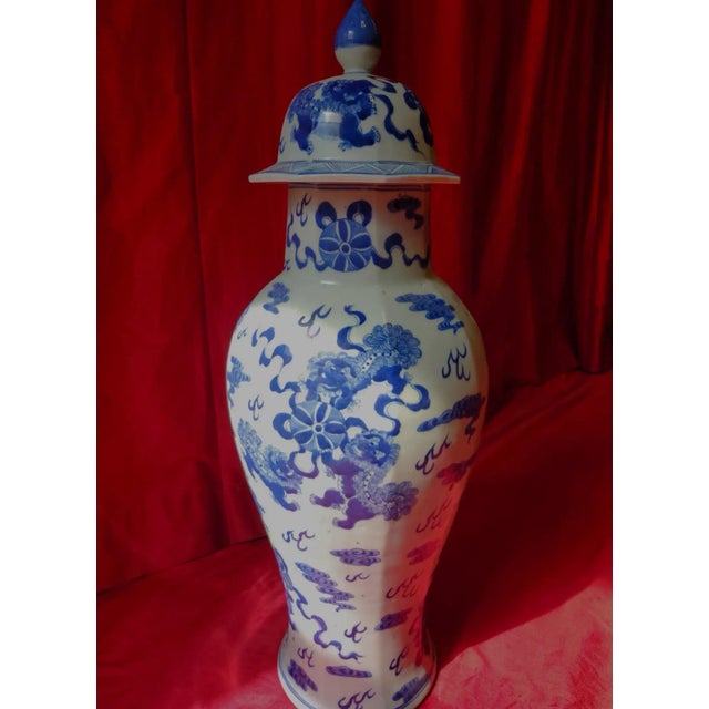 Final Clearance 19th Century 24" Shishi Qilin Blue and White Temple Urn Tribute - 24" For Sale - Image 11 of 18