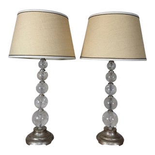 Pair of Hollywood Regency Rock Crystal Stacked Orb Table Lamps - Silver Leaf For Sale