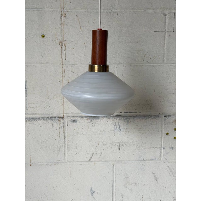 1960s Mid-Century Modern Teak and Opaline Glass Pendant Light Scandinavian Ceiling Lamp For Sale - Image 4 of 9