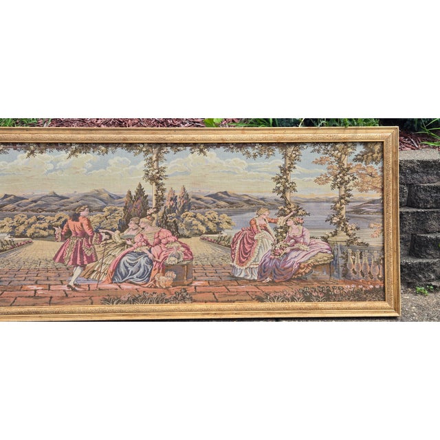 Large Vintage Framed European Hand Crafted Rococo-Style Needlepoint Tapestry Wall Hanging – Romantic Garden Scene For Sale - Image 13 of 18