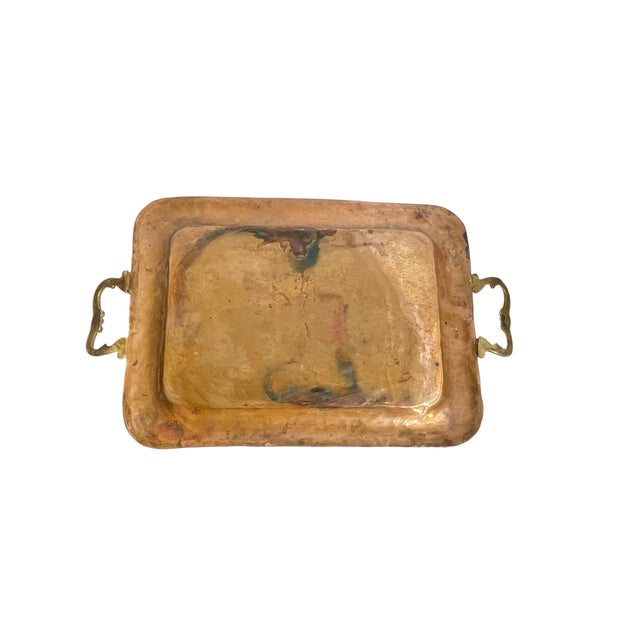 Vintage French Provincial Brass and Copper Two Handle Serving Cocktail Tray For Sale - Image 12 of 18
