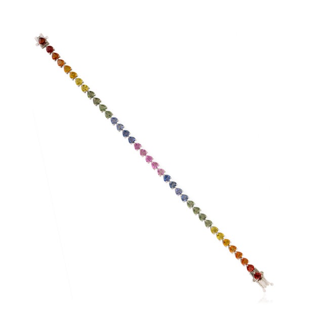 Colorful Multi Sapphire Vintage Heart Bracelet in 14k Solid Gold For Sale - Image 4 of 11