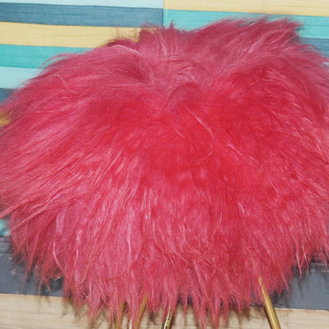 Red Long-Hair Flokati Fur Stool with Brass Hairpin Legs, 1950s For Sale - Image 6 of 10