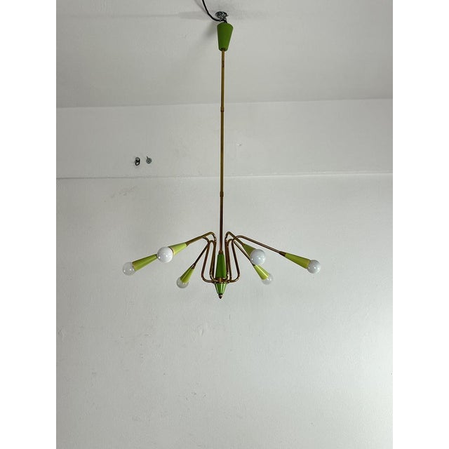 Gold Mid-Century 6-Light Brass Chandelier in the style of Oscar Torlasco, 1950s For Sale - Image 8 of 9