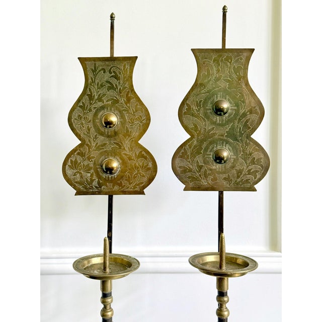 Pair of Antique Korean Brass Candlesticks with Reflector Shields For Sale - Image 4 of 13