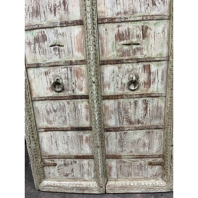 Antique Indian Jharokha Terrace Window | Distressed Green Hand-Carved Wall Decor 62x37 For Sale - Image 4 of 6