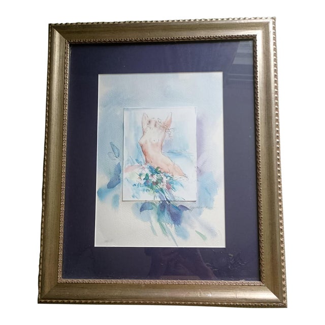 Early AnnaArt Watercolor “Floral Nude Study” – Signed & Embossed Original, Framed For Sale