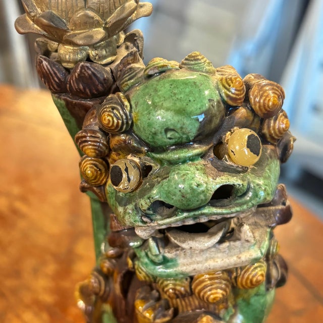 Antique Fo Dog Candleholders in Majolica and Bronze, 1800, Set of 2 For Sale - Image 9 of 15