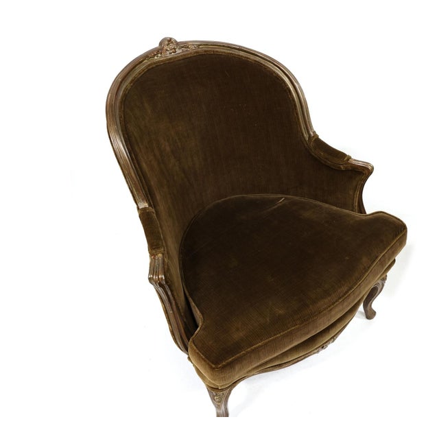 Late 20th Century Near Pair of Louis XV Style Carved Bergeres and Ottoman For Sale - Image 4 of 6