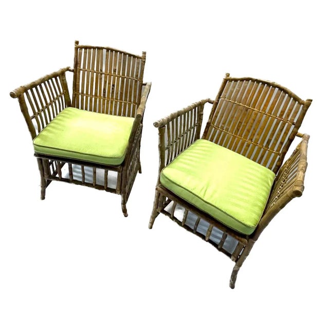 Pair of vintage bamboo armchairs with chartreuse green removable cushions with chocolate brown contrast cording -all...