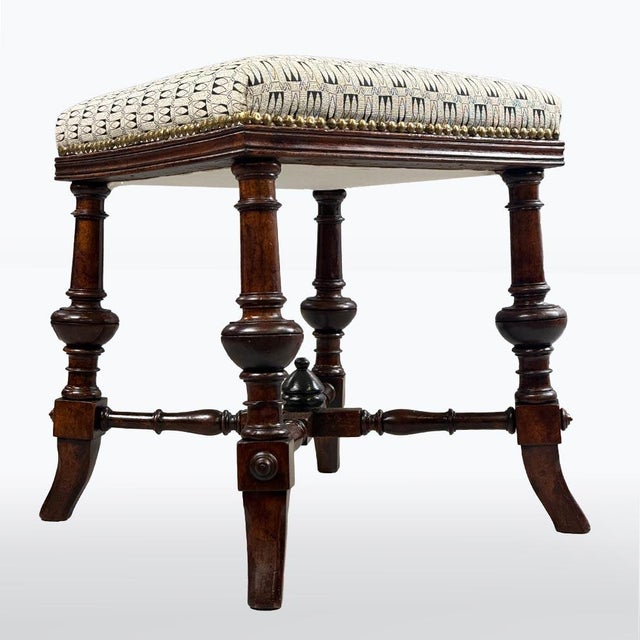 An elegant antique Louis XV style stool featuring an intricately carved wooden frame with gracefully curved legs. The...