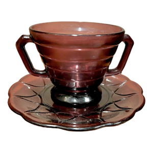 1930s Purple Amethyst Glass Open Sugar Cup With Plate