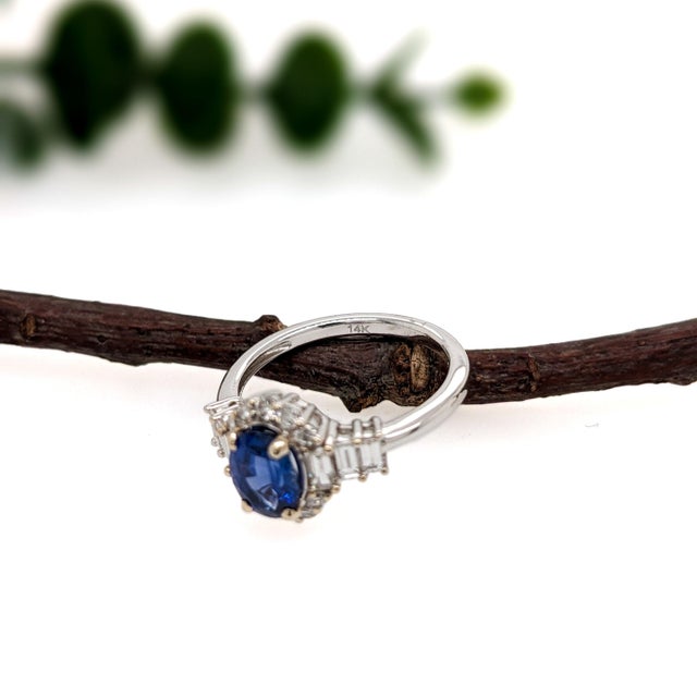 Metal Royal Blue Sapphire Ring With Natural Diamond Halo: Solid 14k Gold, Oval 7x5mm, Size 6.75 For Sale - Image 7 of 8