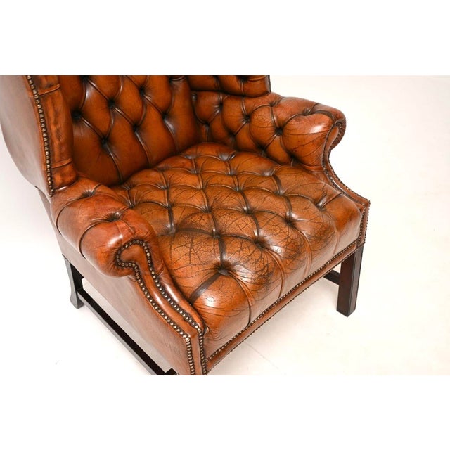 Wood Deep Buttoned Leather Wing Back Armchair, 1930s For Sale - Image 7 of 9