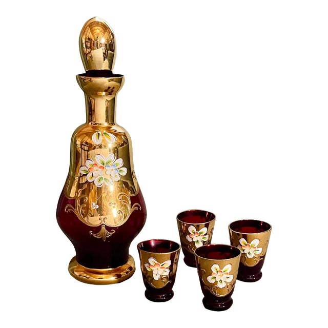 Vintage Ruby & Gold Glass Floral Decanter & Glass Set- 5 Pieces For Sale