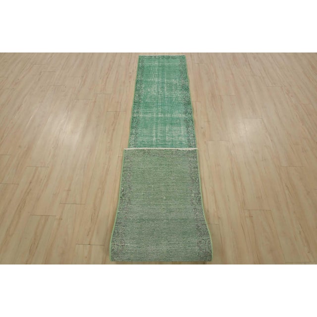 Tabriz Runner 1’11” X 10’9” Green Wool Vintage Overdyed Hand-Knotted Rug For Sale - Image 11 of 12
