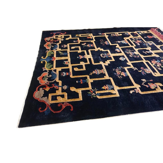 Special Shelf With Details of Chinese Culture in a Black Fiedl Antique Art Deco Rug For Sale - Image 4 of 12