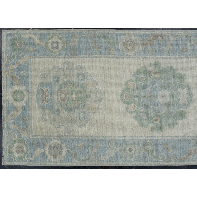 Textile Turkish Oushak Runner Rug Green Blue & Taupe Handwoven Wool Rug 2'9" X 10'5" For Sale - Image 7 of 9