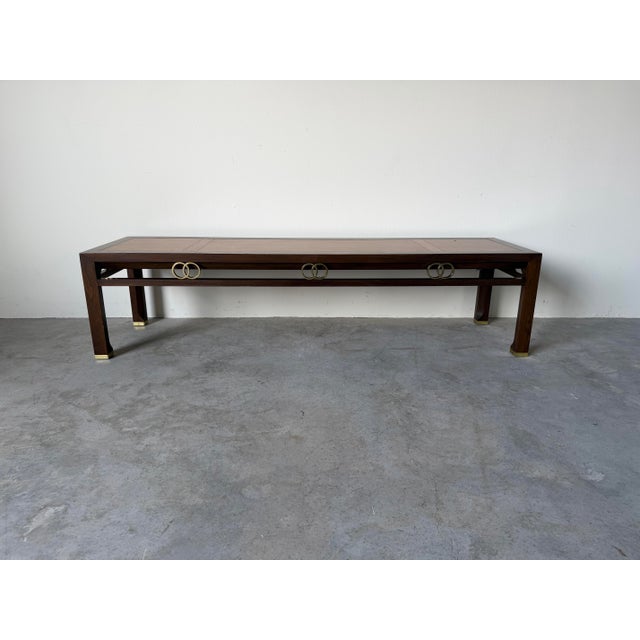 Hollywood Regency Michael Taylor for Baker Far East Collection Walnut Bench / Coffee Table With Brass Accents For Sale In Miami - Image 6 of 13