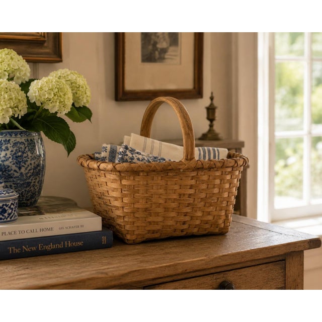 A beautifully woven early 20th century American splint oak basket with warm honeyed tones and a tightly constructed...