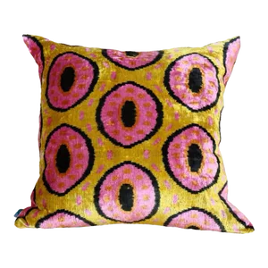 Ikat Velvet Cushion- Yellow & Pink