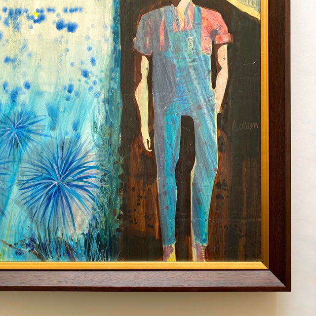 Paul Bowen Vintage 1990's Provincetown Modernist " Untitled Blue Trees " Original Signed Framed Mixed Media Painting For Sale - Image 18 of 18