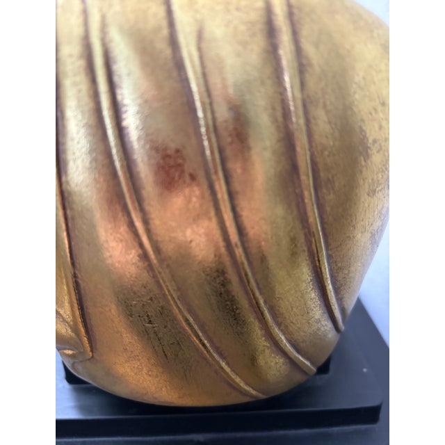 Ceramic Gold Tone Sitting Buda Statue on Wood Base For Sale In Houston - Image 6 of 11
