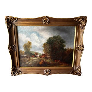 Antique 19th Century Oil Painting, English Countryside, Cattle, Storm For Sale