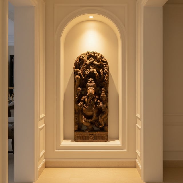 Art Deco Tall 38" Hand Carved Teak Wood Ganesha Statue | Vintage Indian Ganapati Sculpture for Pooja Mandir Decor | Hindu God Idol 1940s For Sale - Image 3 of 6