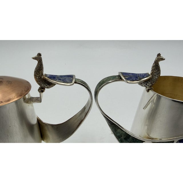 1970s Wolmar Castillo "Peacock" Creamer, Sugar Pot & Ladle W/ Malachite & Lapis Inlay For Sale - Image 11 of 18