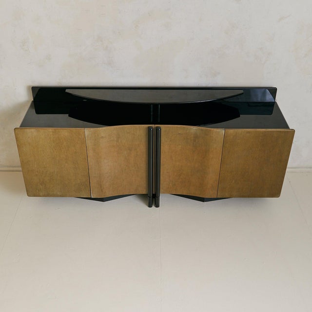 Wood Vintage Italian Postmodern Enfilade Credenza in Black Lacquer + Birdseye Maple For Sale - Image 7 of 10
