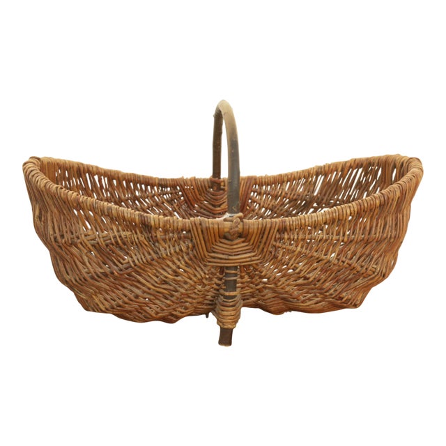 Early 20's Century French Antique Buttocks Harvest Gathering Wicker Basket With Grape Vine Handle For Sale