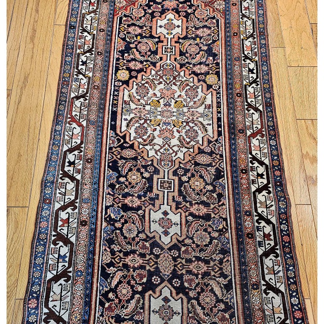 Vintage Persian Bidjar Wide Runner, Hand-Knotted Wool, Geometric Medallion Pattern, Navy & Ivory, 4x14 For Sale - Image 13 of 18