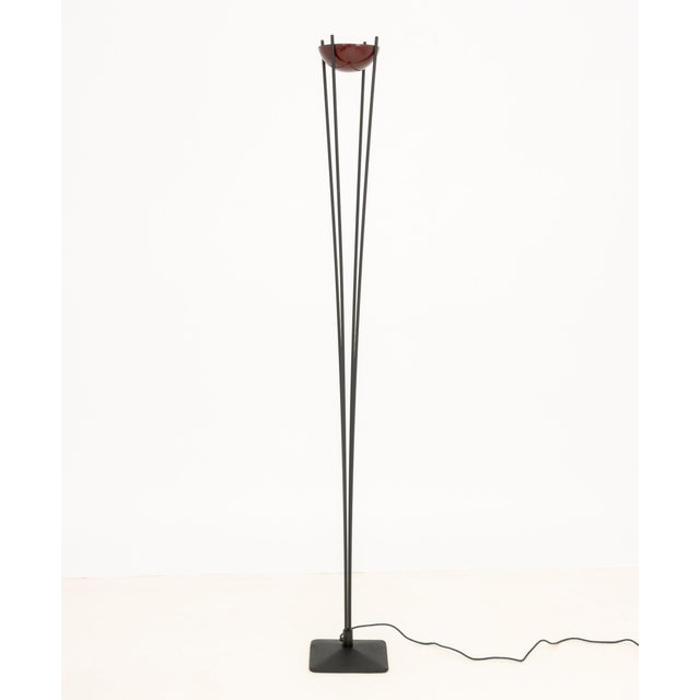 Koch and Lowy Black Patinated Steel Halogen Floor Lamp, with patinated maroon half moon shade, marked Koch and Lowy to...