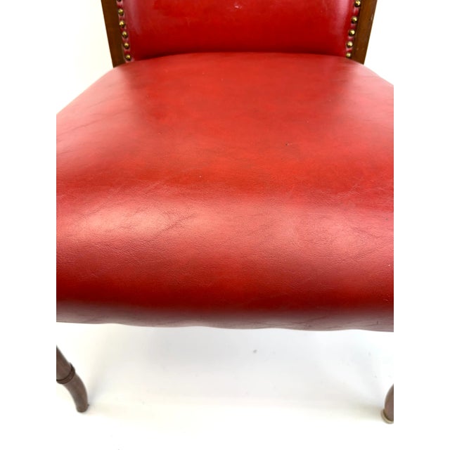 Mid 20th Century Red Leather Armchair With Curved Wood Arms and Brass Nailhead Trim For Sale - Image 9 of 12