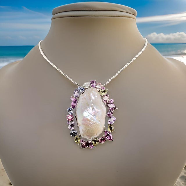 Sapphire Pearl Necklace 14k White Gold 5 TCW Certified For Sale - Image 4 of 12