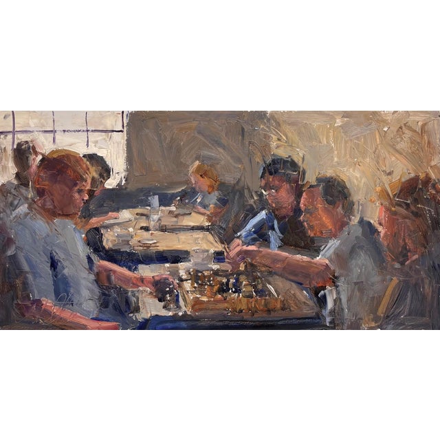 The Denver Gambit by Clyde Steadman | Oil Painting of people playing chess at a table For Sale