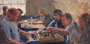 The Denver Gambit by Clyde Steadman | Oil Painting of people playing chess at a table