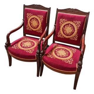 Empire Mahogany Armchairs in Petit Point, Set of 2 For Sale