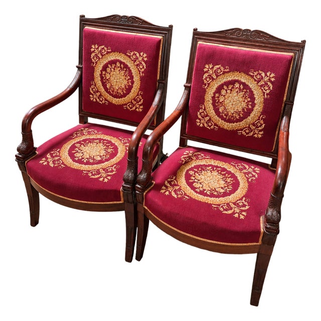 Empire Mahogany Armchairs in Petit Point, Set of 2 For Sale