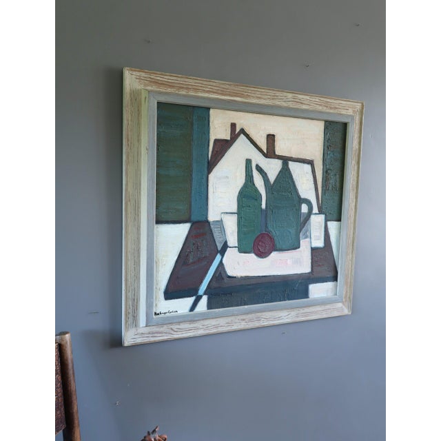 Mid-Century Modern 'Green Vessels & House Form' Abstract Still Life Oil Painting by Swedish Artist Max Gregor Carlsson (1914-1996), Framed For Sale - Image 4 of 14