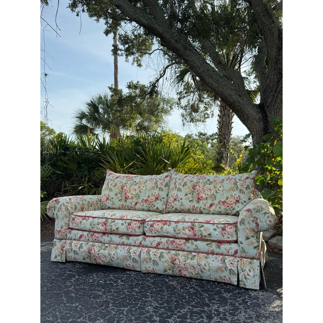 English Vintage English Cottage Floral Upholstered Sofa | Grandmillennial Skirted Couch | Custom Floral Loveseat For Sale - Image 3 of 7