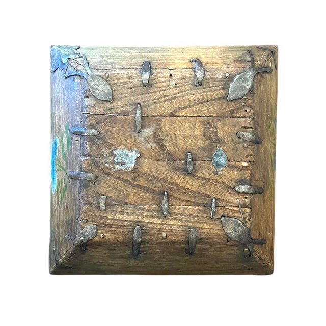 Brown Antique 19th Century Large Chinese Primitive Hand-Hewn Wooden Rice Measure / Grain Basket / Bucket With Iron Strapping and Hand Painted Blue Florals For Sale - Image 8 of 8