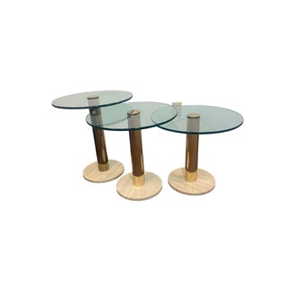 Vintage Set of Three Glass Travertine Tiered Postmodern Side Tables For Sale